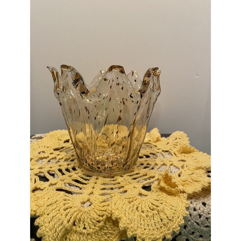 VTG THICK Amber Glass Bowl With Black Specks YOU CAN FEEL!  Hand Blown 8 Fingers